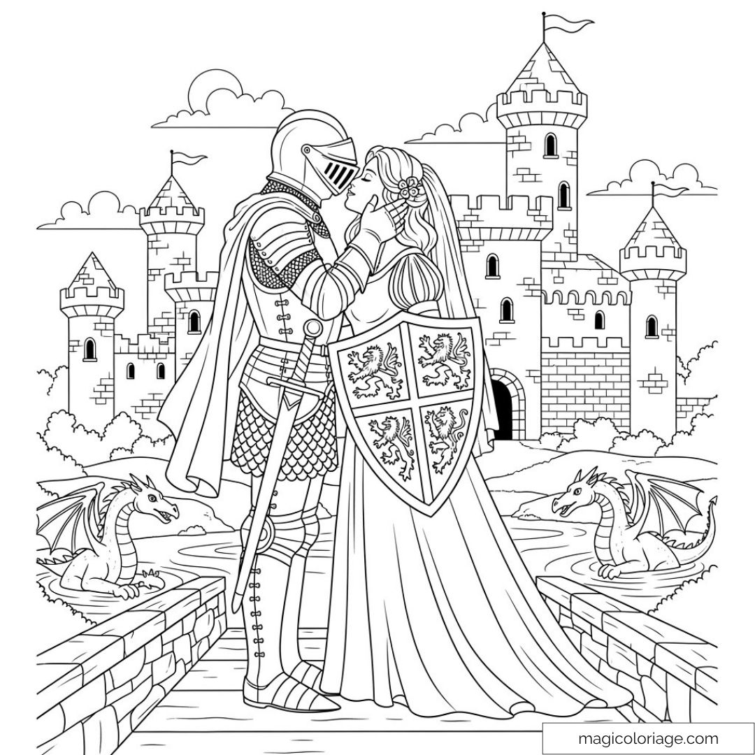 Chevalier et princesse s'embrassant devant un château avec des dragons