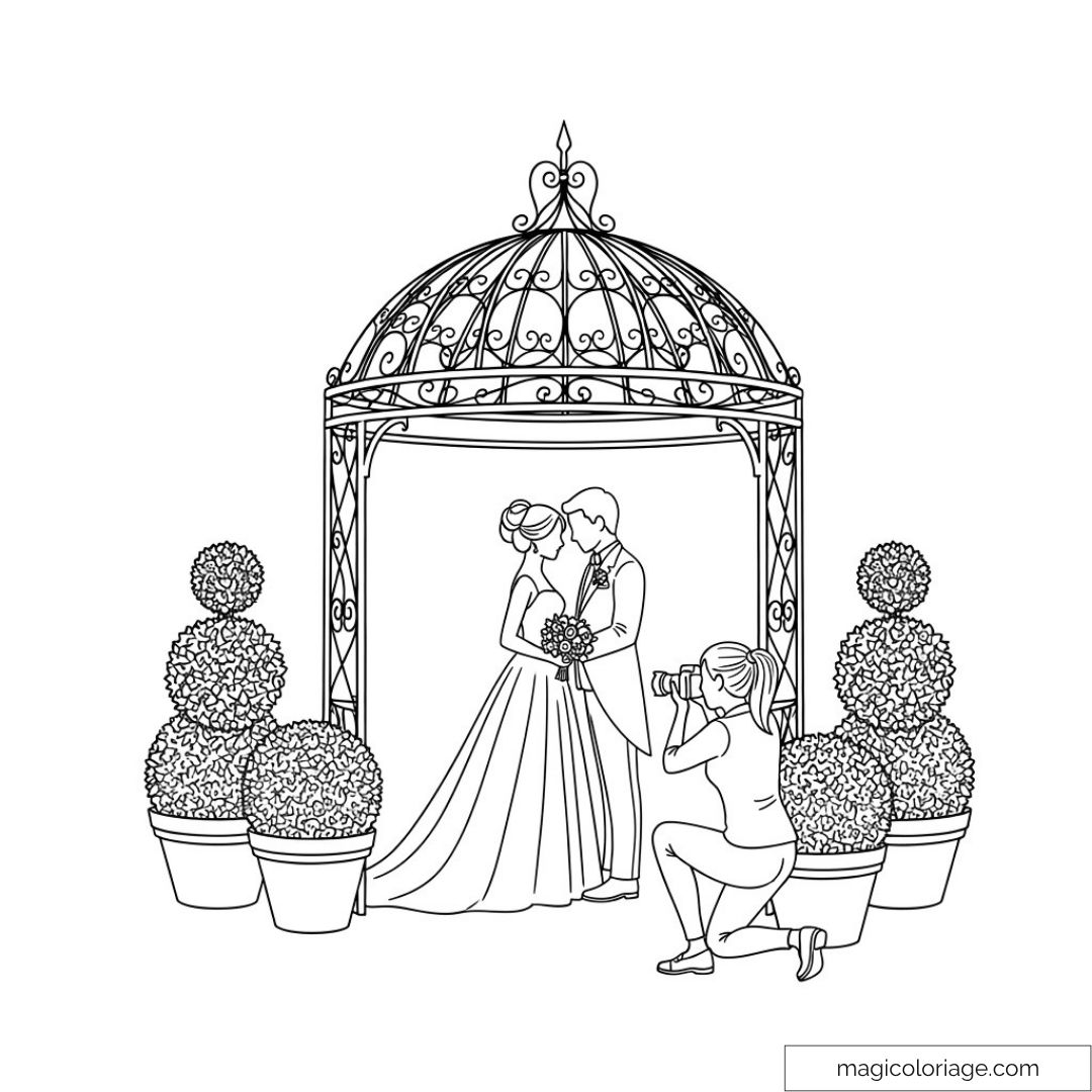 Mariée et marié sous pergola entourés de topiaires