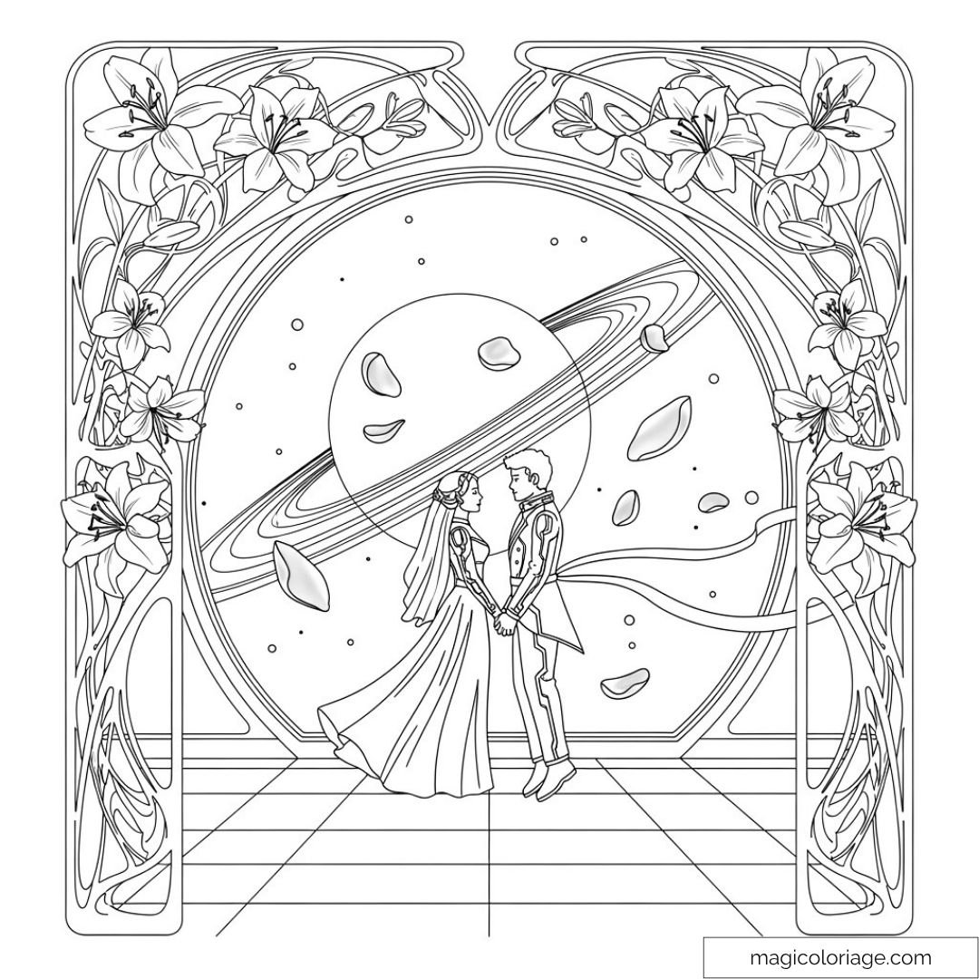 Coloriage d'un couple romantique devant une planète avec fleurs