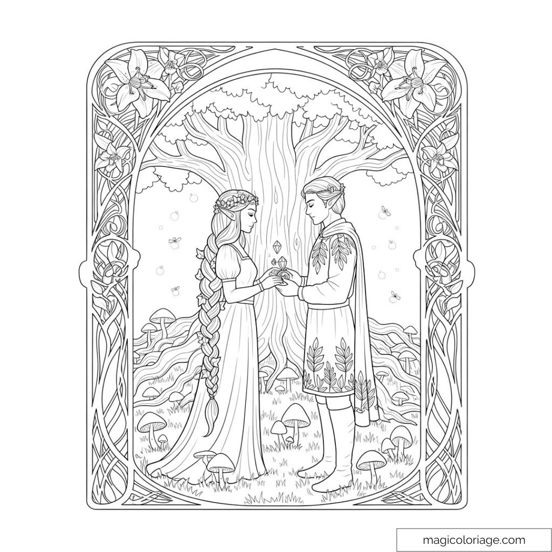 Dessin féerique d'un couple sous un arbre