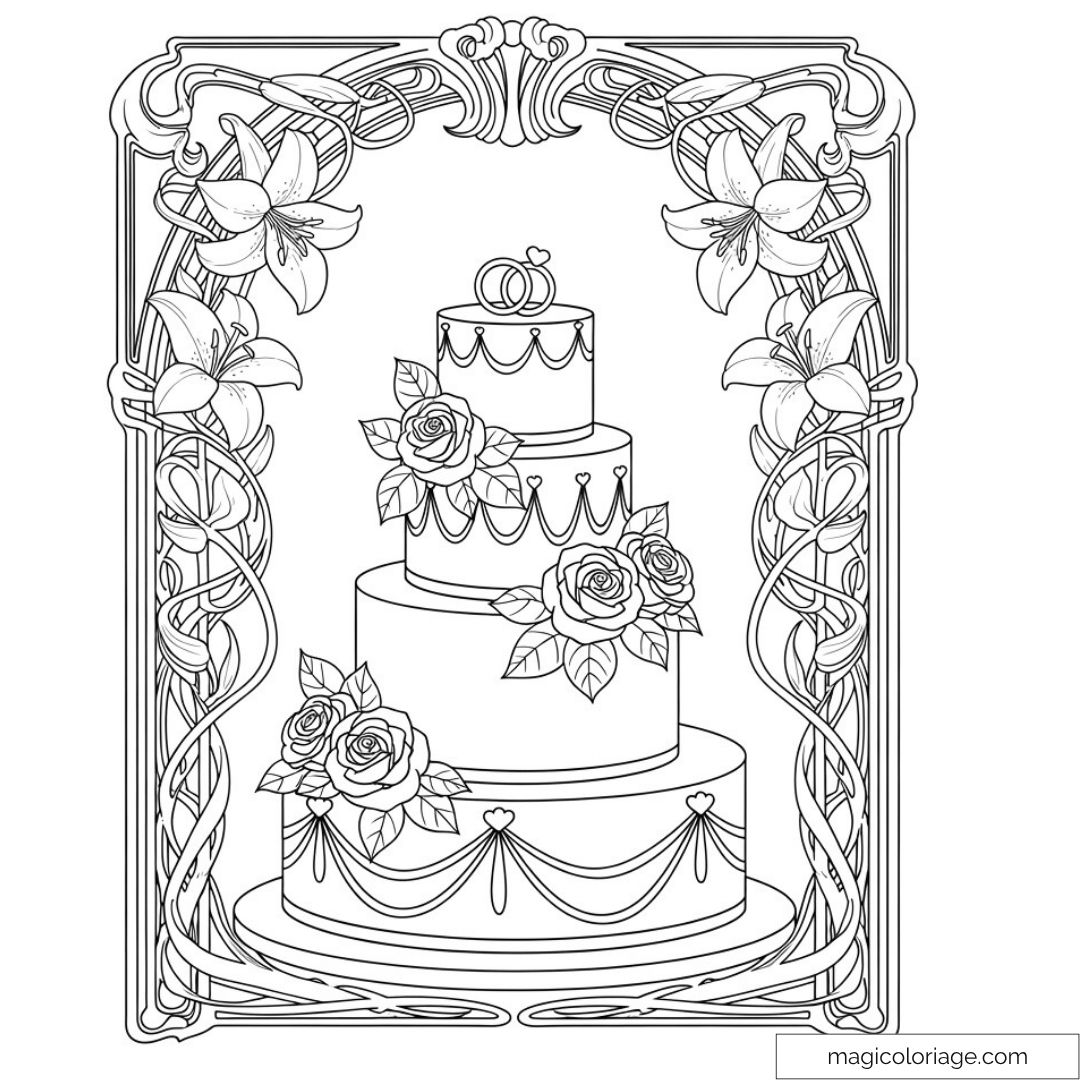 Image de gâteau de mariage décoré de roses et de lys à colorier.