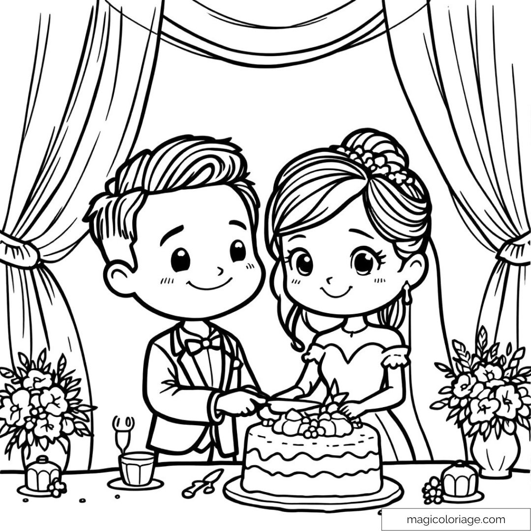 Couple souriant découpant un gâteau de mariage élégant.