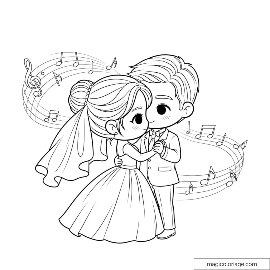 Dessin de couple chibi en tenue de mariage dansant avec des notes de musique.