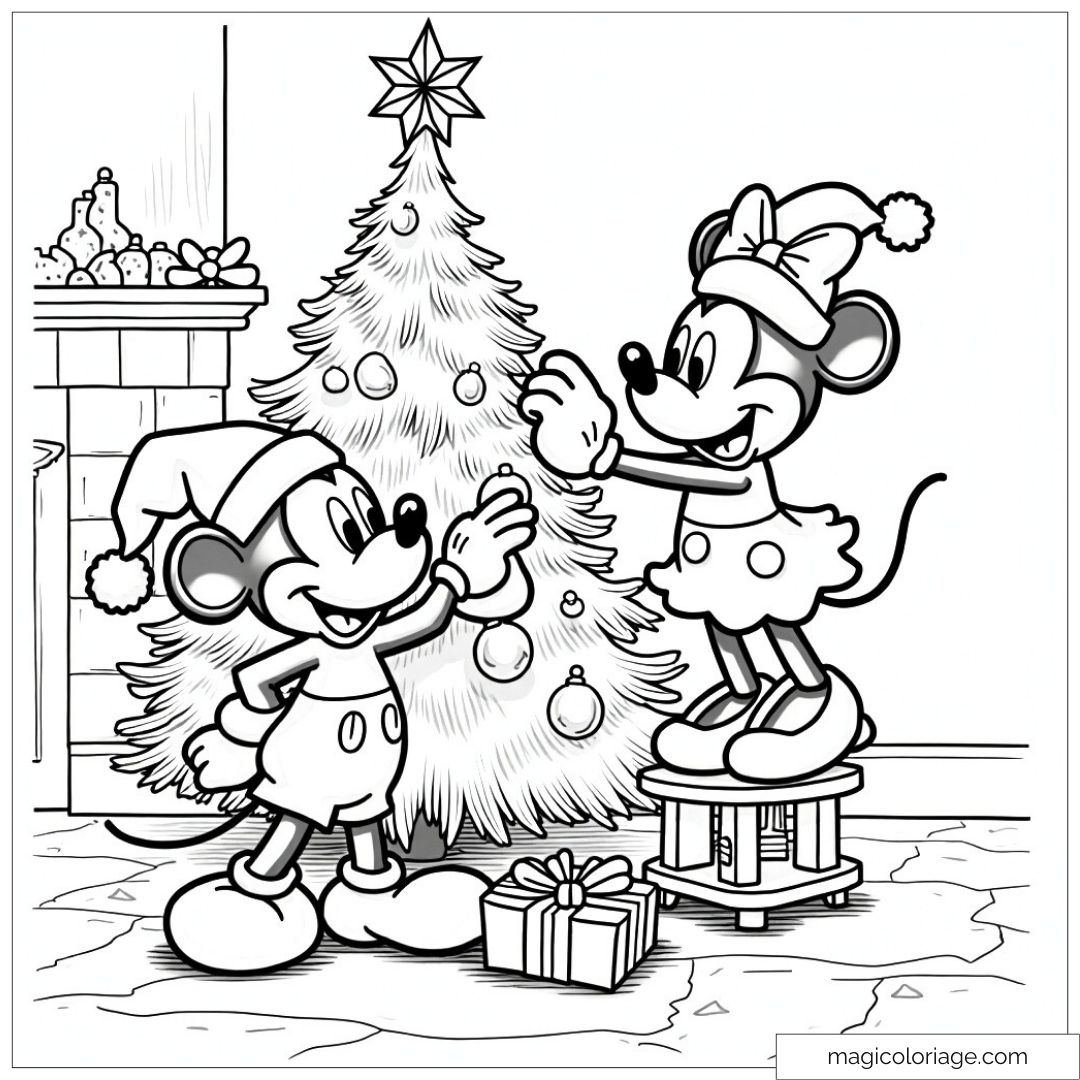 Dessin à colorier de Mickey et Minnie décorant un sapin de Noël dans une ambiance festive
