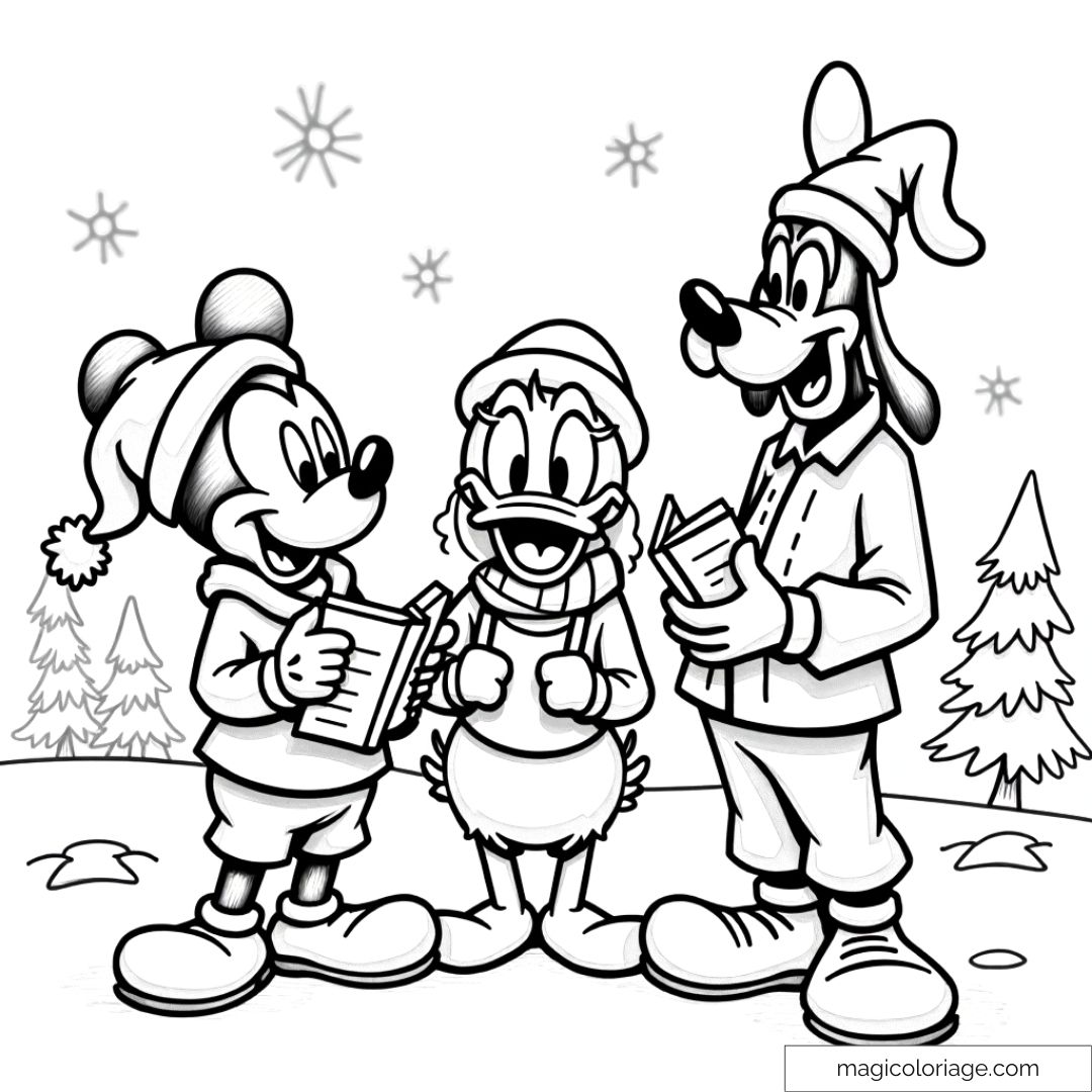 Dessin à colorier de Mickey, Donald et Dingo chantant des chants de Noël sous la neige