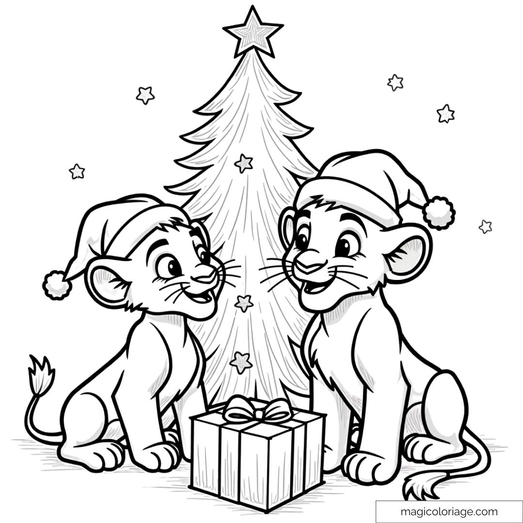 Dessin à colorier de Simba et Nala du Roi Lion devant un sapin de Noël avec un cadeau