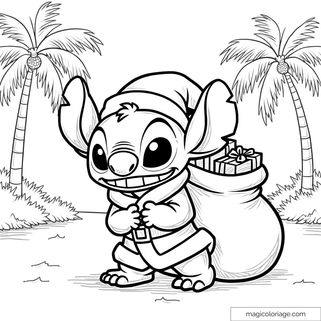 Dessin à colorier de Stitch déguisé en Père Noël avec un sac de cadeaux sous des palmiers
