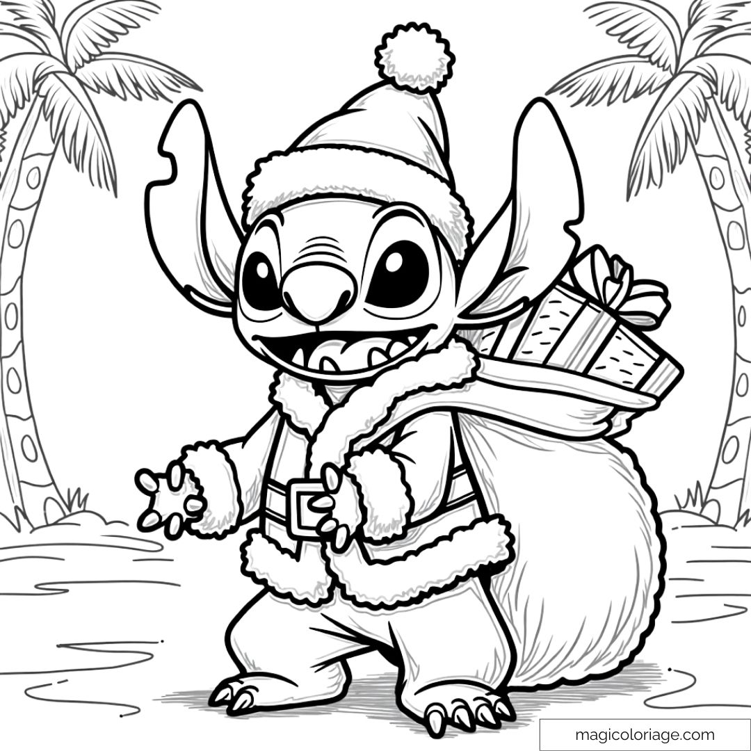 Dessin à colorier de Stitch en Père Noël avec un sac de cadeaux sous les palmiers