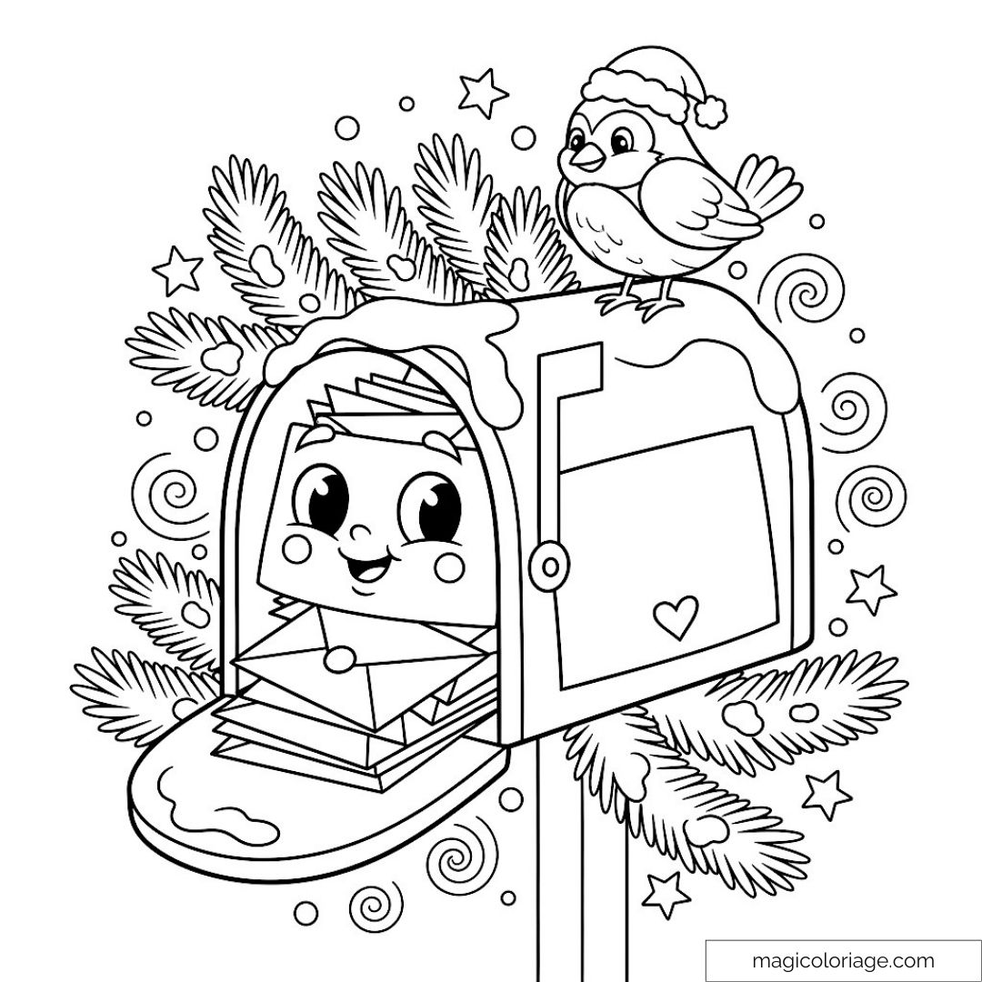 Dessin d'une boîte aux lettres décorée et oiseau avec bonnet de Noël.