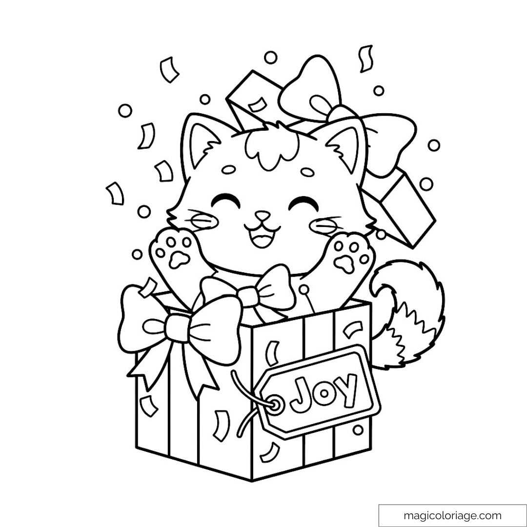 Chat mignon sortant d'un cadeau avec confettis et rubans