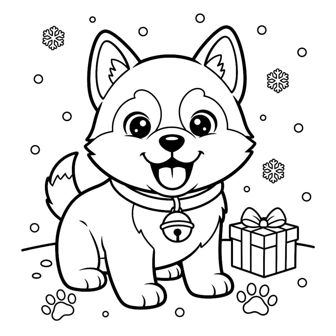 Image à colorier d'un chiot festif avec un cadeau et des flocons de neige.