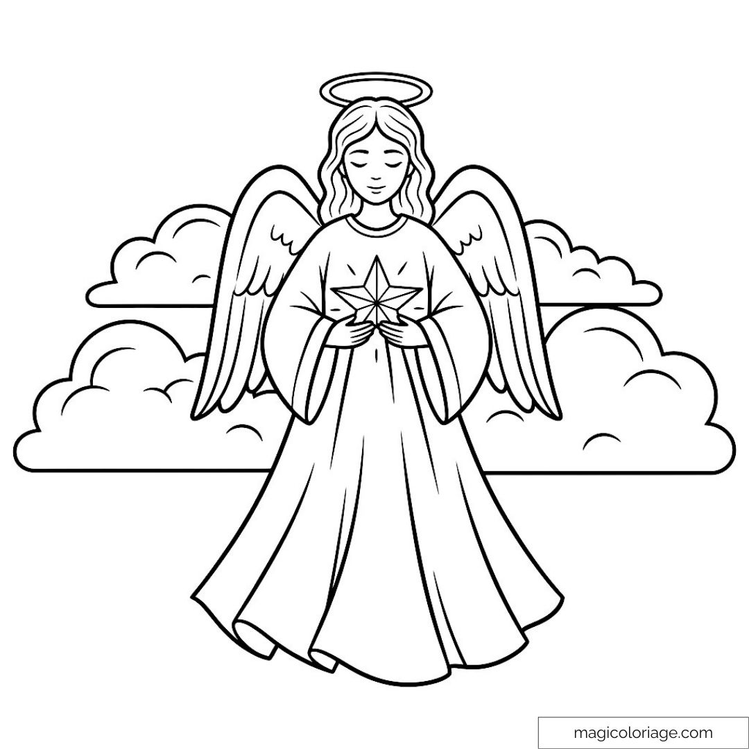 Image d'un ange avec ailes et étoile dans les nuages.
