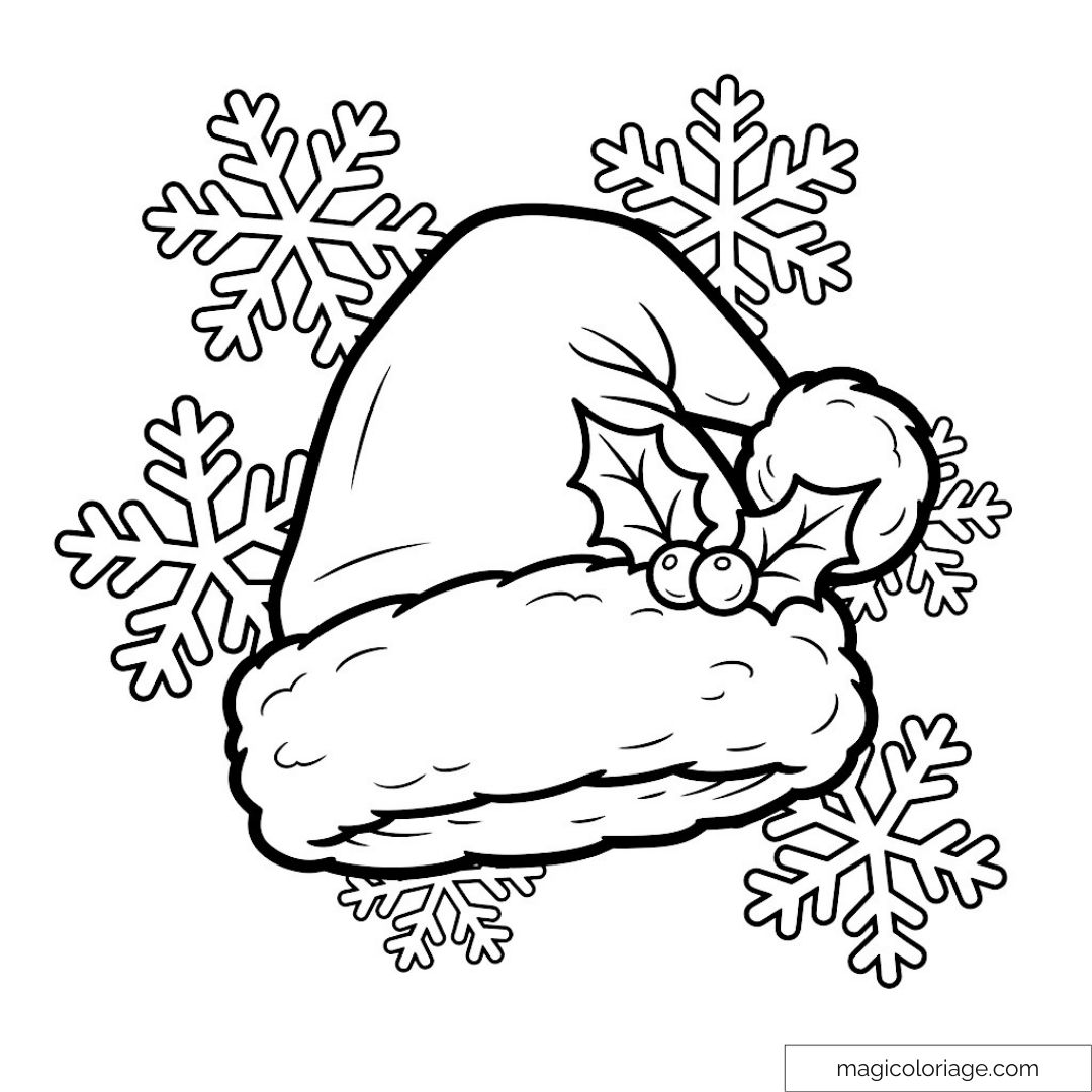 Bonnet de Père Noël entouré de flocons et de houx