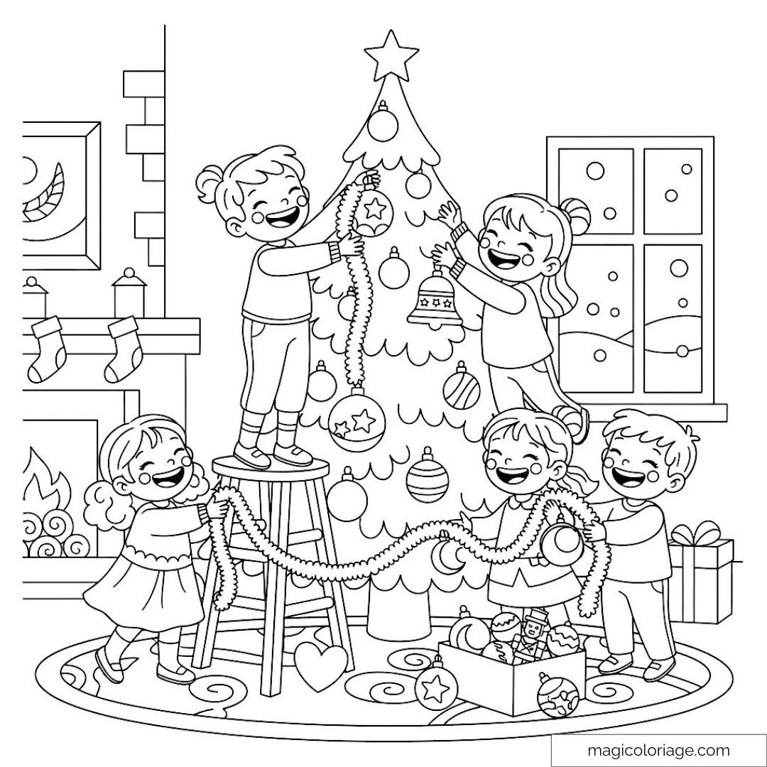 Enfants décorant un sapin de Noël avec guirlandes et boules.