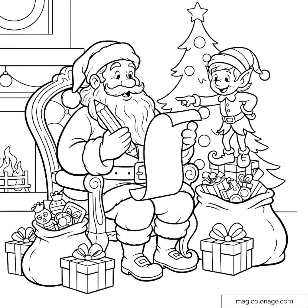 Père Noël avec elfe et sapin entouré de cadeaux de Noël
