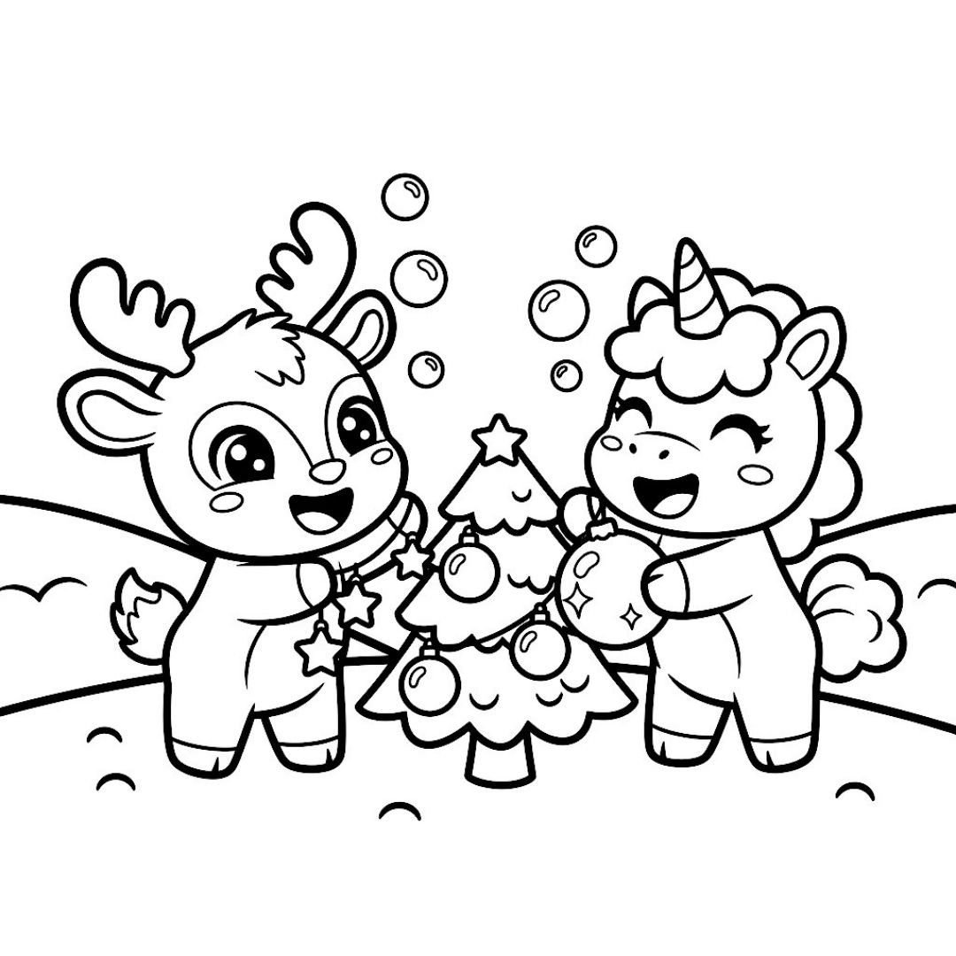 Licorne et renne décorant un sapin de Noël