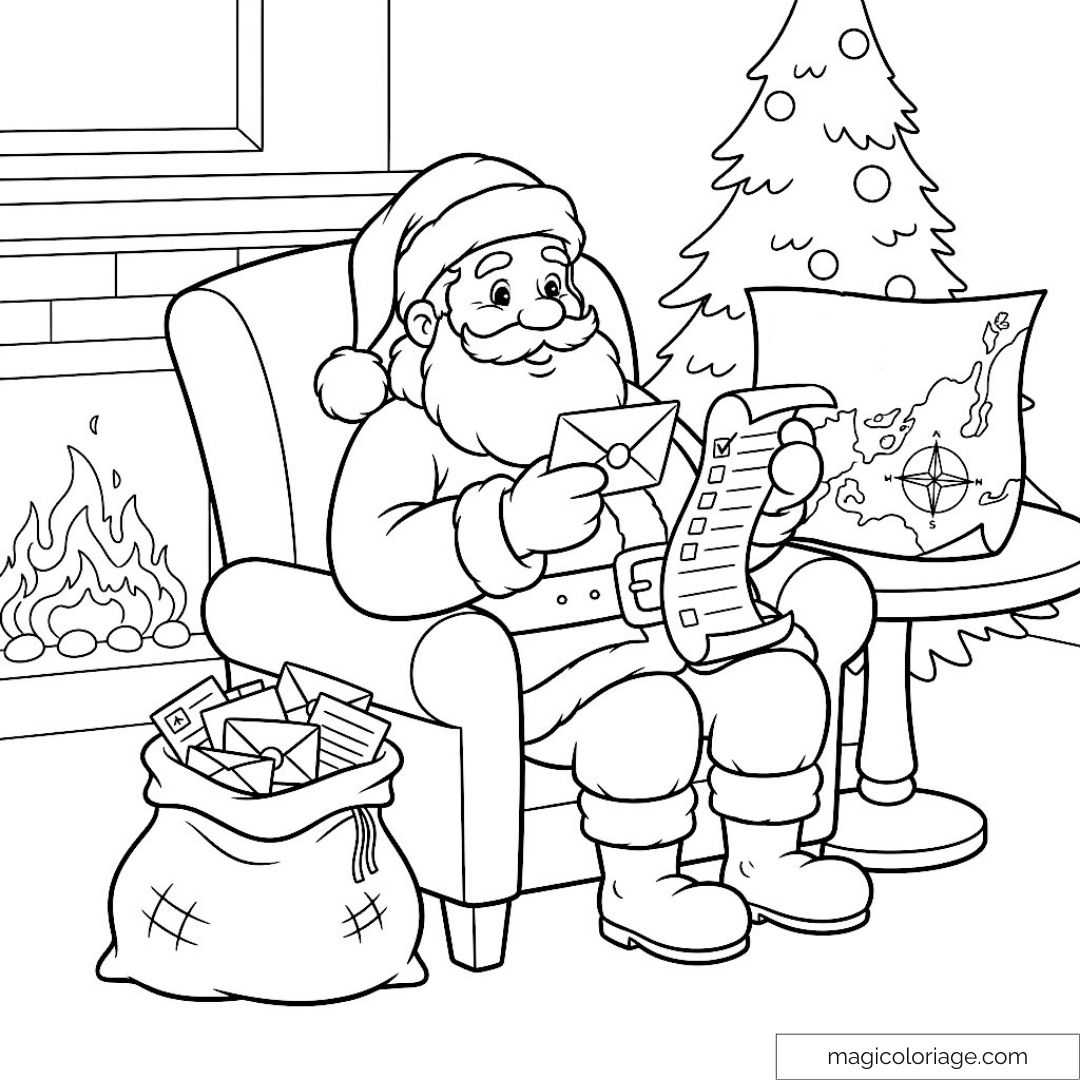 Père Noël lisant une lettre près d'un sapin