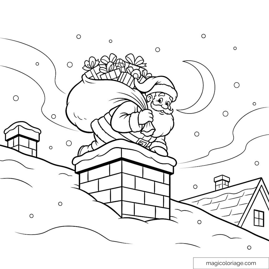Père Noël sur toit enneigé avec sac de cadeaux sous les flocons