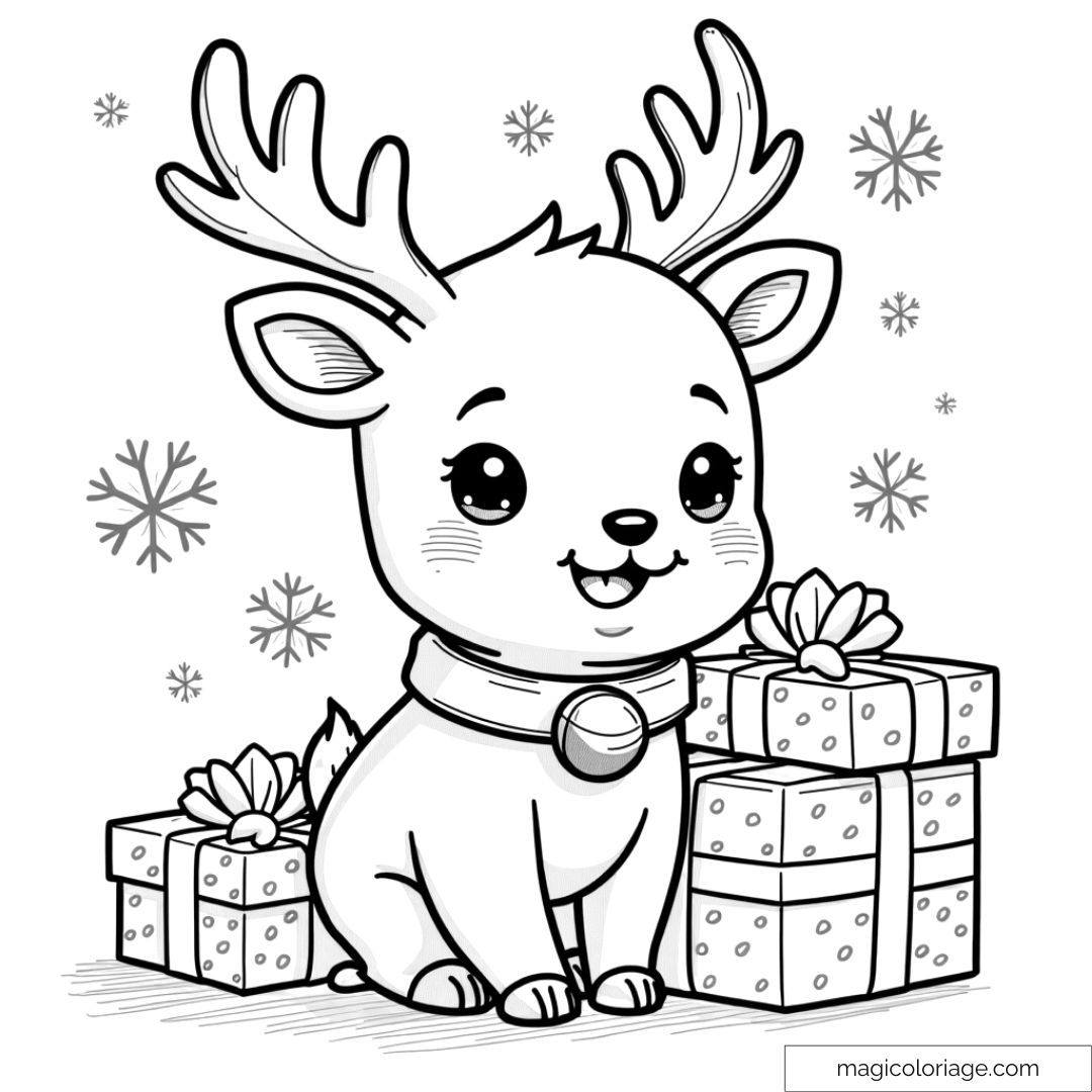 Coloriage d'un petit renne de Noël avec des cadeaux.