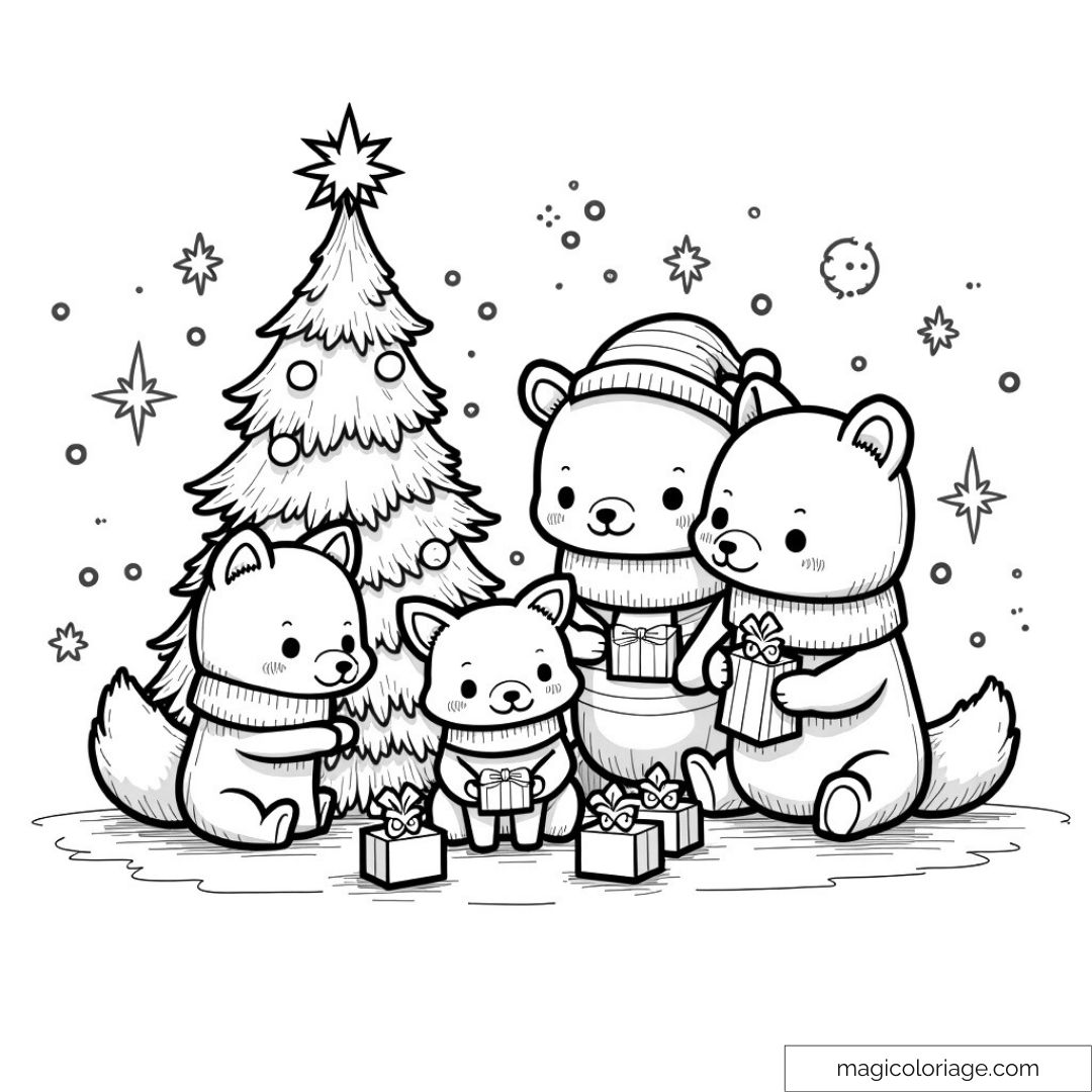 Animaux avec cadeaux sous un sapin de Noël