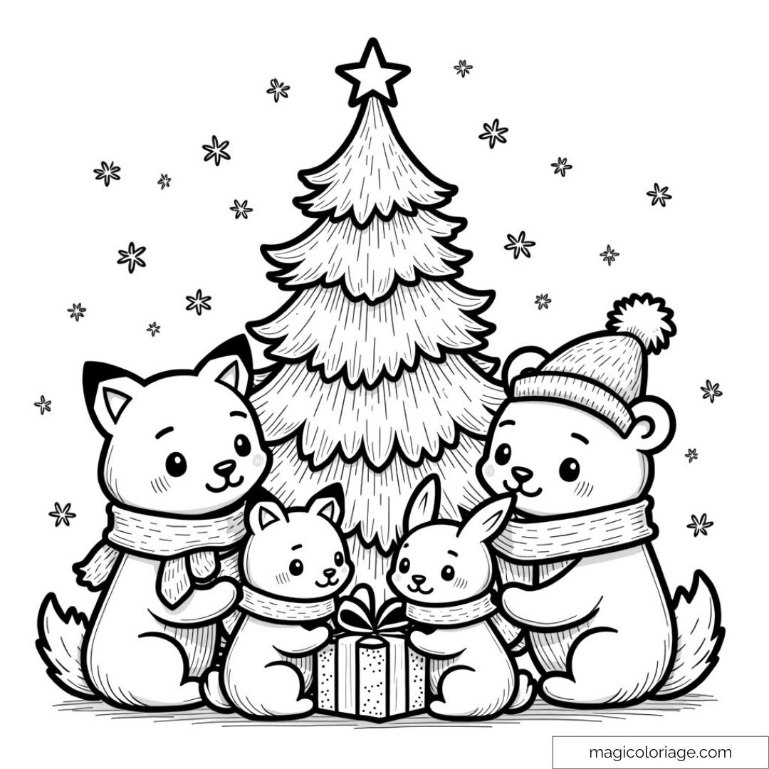 Dessin de Noël avec animaux mignons et sapin à décorer