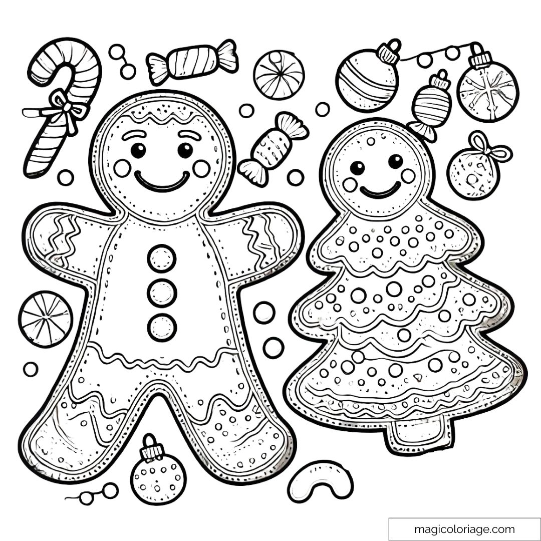 Coloriage de biscuits de Noël en forme de bonhomme en pain d’épice et sapin, avec des décorations en glaçage.