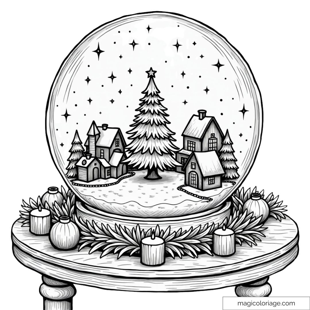 Dessin à colorier d'une boule à neige de Noël avec un village, un grand sapin et des étoiles scintillantes.