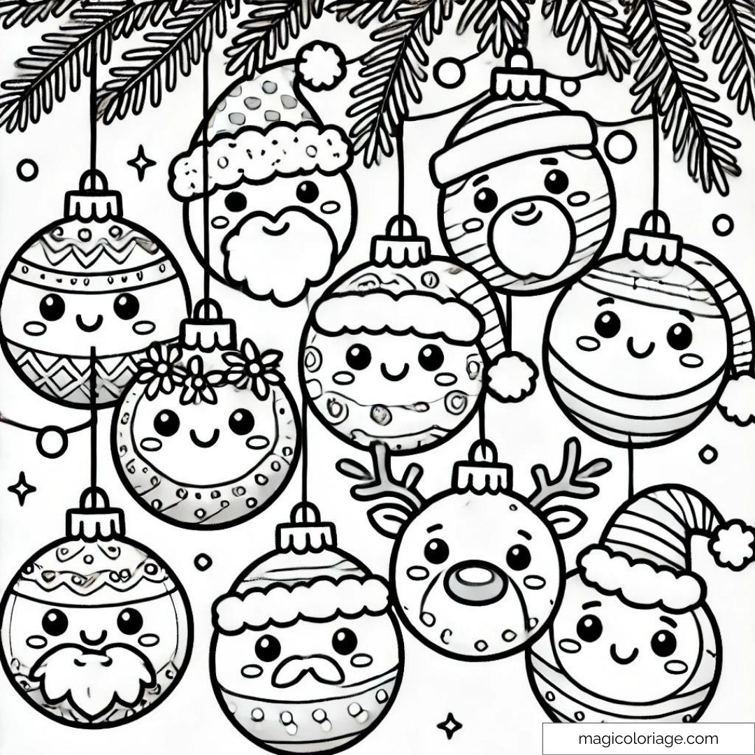 Coloriage de boules de Noël avec des visages souriants et des chapeaux de Père Noël. Parfait pour les enfants.