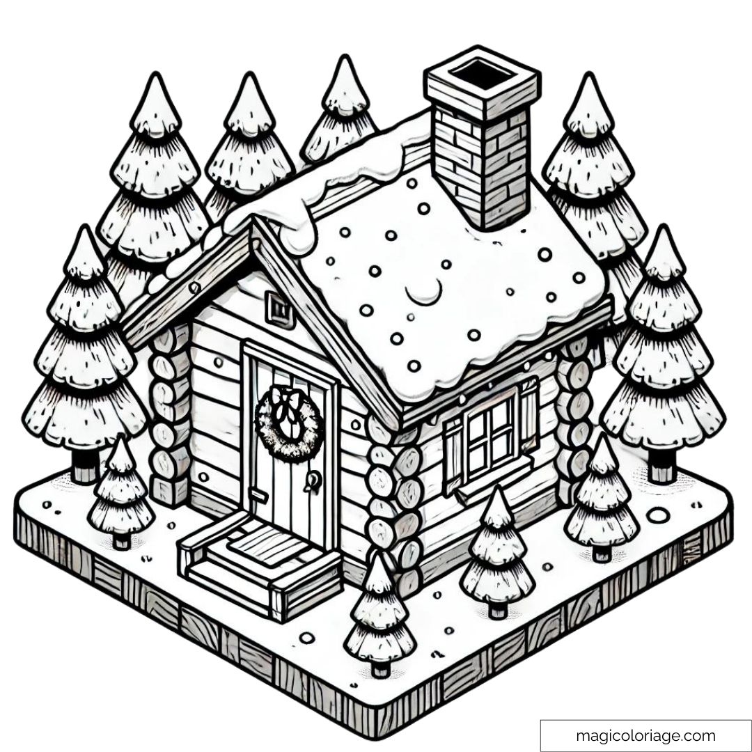 Coloriage cabane de Noël vue isométrique avec sapins enneigés. Facile à colorier pour les enfants en maternelle.