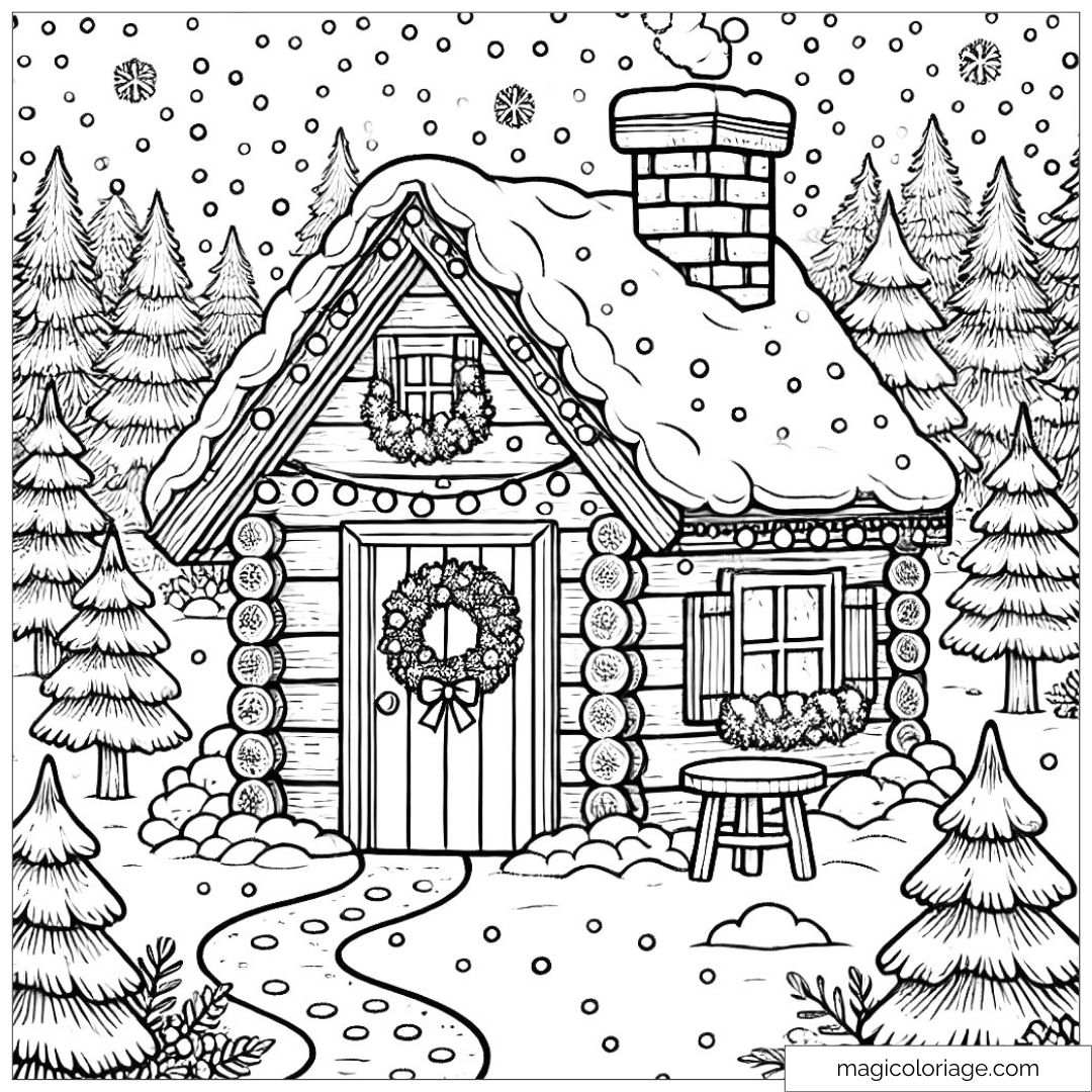 Coloriage cabane de Noël dans une forêt enneigée, facile à colorier pour les petits enfants.
