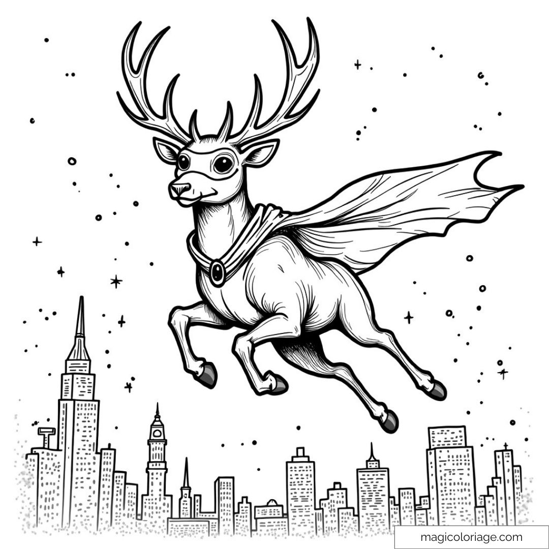 Coloriage cerf volant cape héros au-dessus ville ciel étoilé