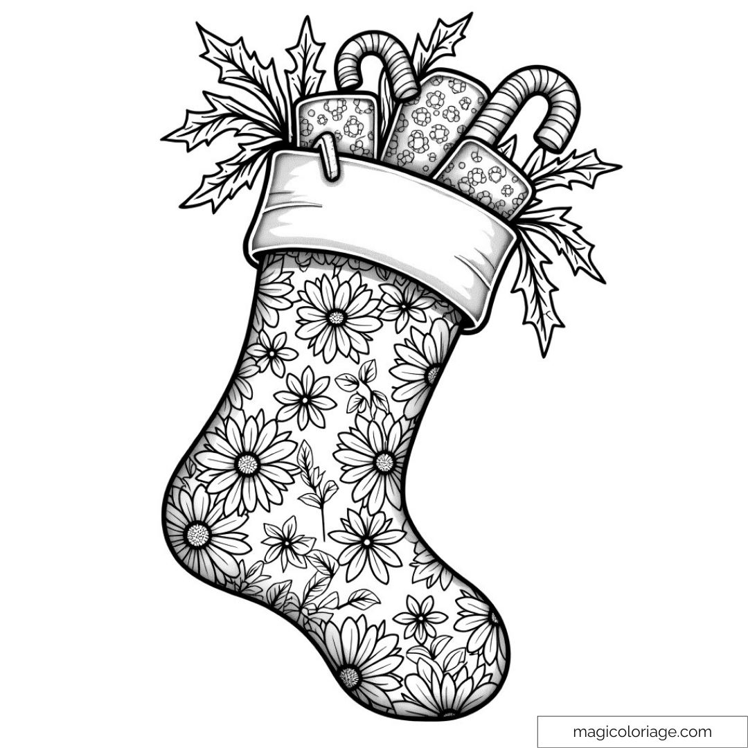 Image d'une chaussette de Noël avec motifs floraux et bonbons