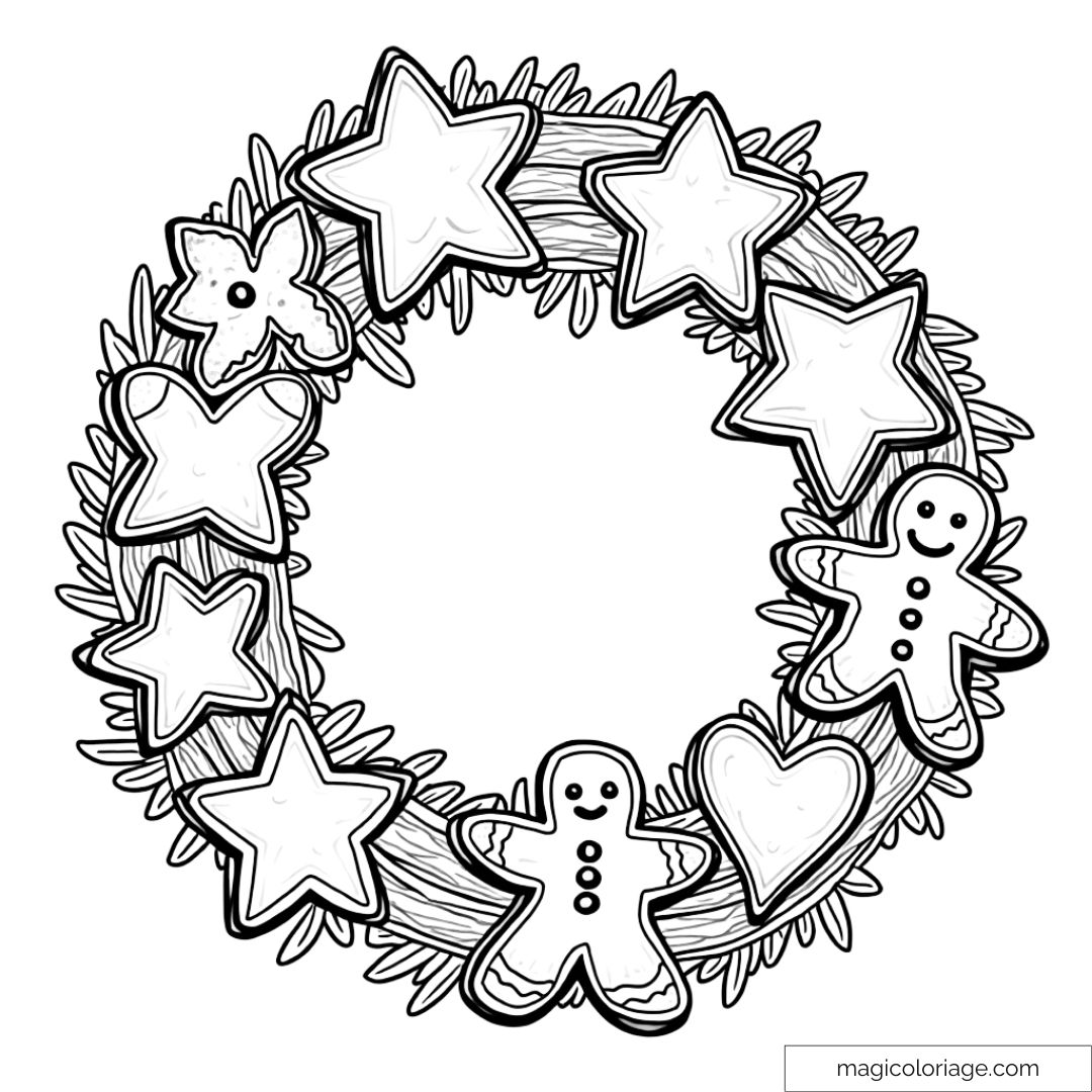 Dessin à colorier d'une couronne de Noël décorée de biscuits en forme d'étoiles et de bonshommes.