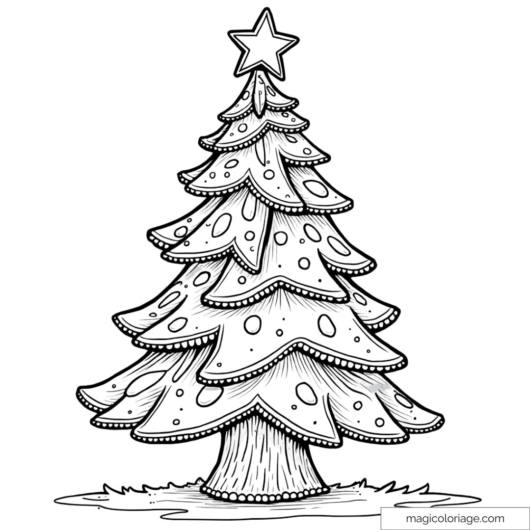 Dessin à colorier d'un sapin de Noël décoré avec une étoile au sommet.