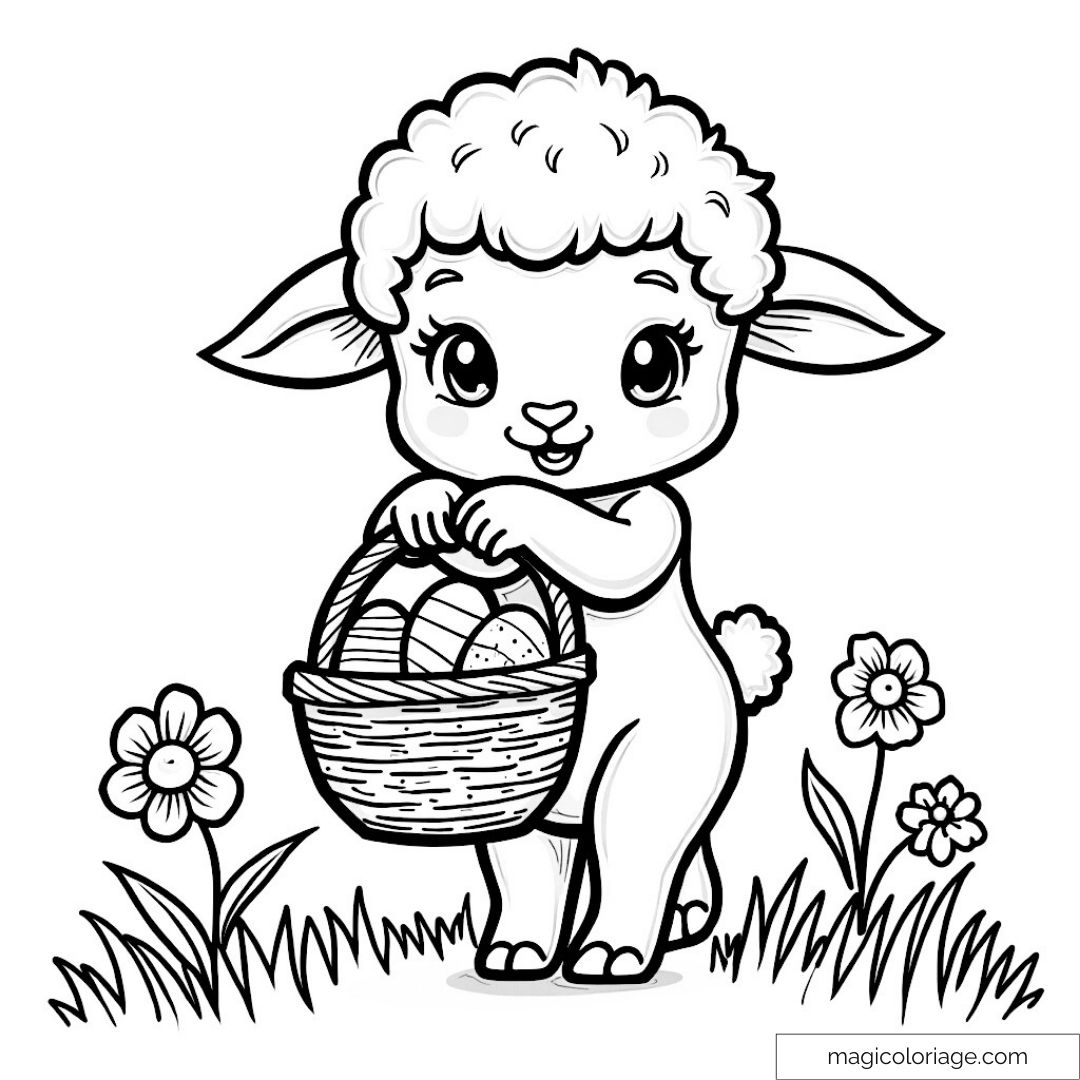 Agneau mignon avec panier d'œufs de Pâques dans un champ fleuri