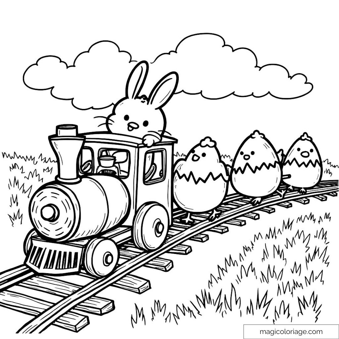 Dessin de bébé lapin conduisant un train avec trois poussins derrière.