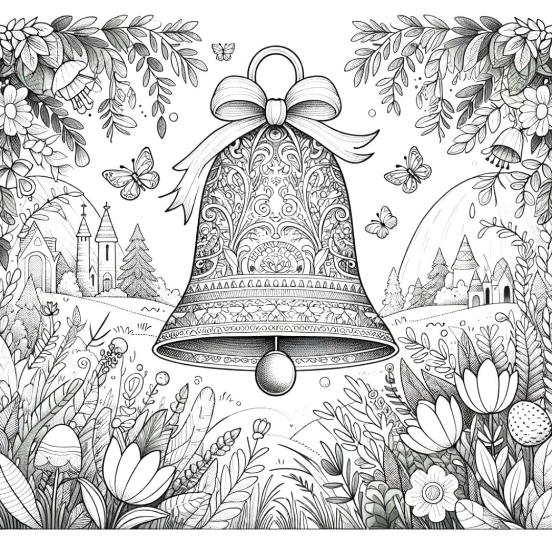 Coloriage d'une cloche de Pâques dans un jardin enchanté