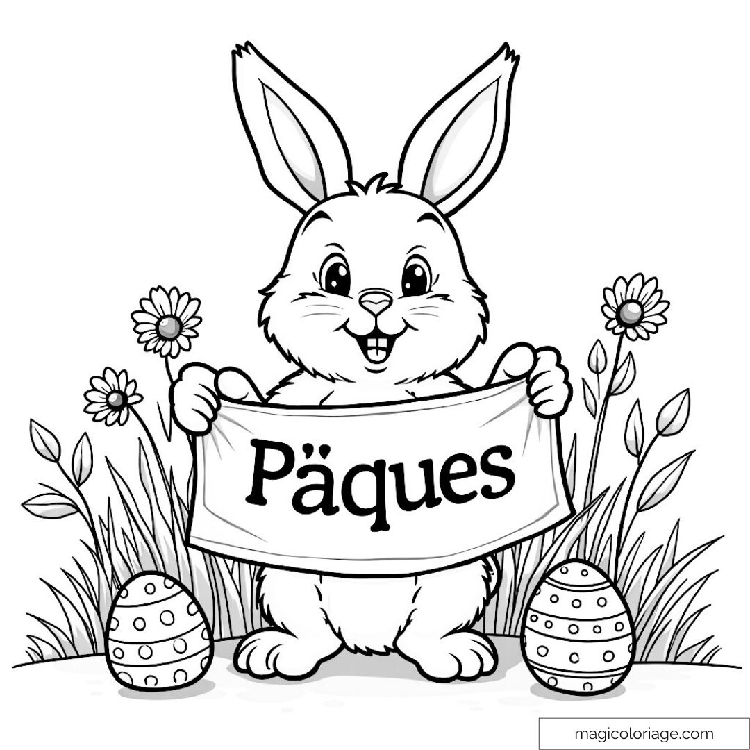Lapin de Pâques tenant une pancarte avec des œufs décorés et fleurs.