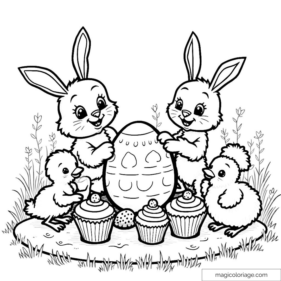 Lapins et poussins avec œuf de Pâques et cupcakes