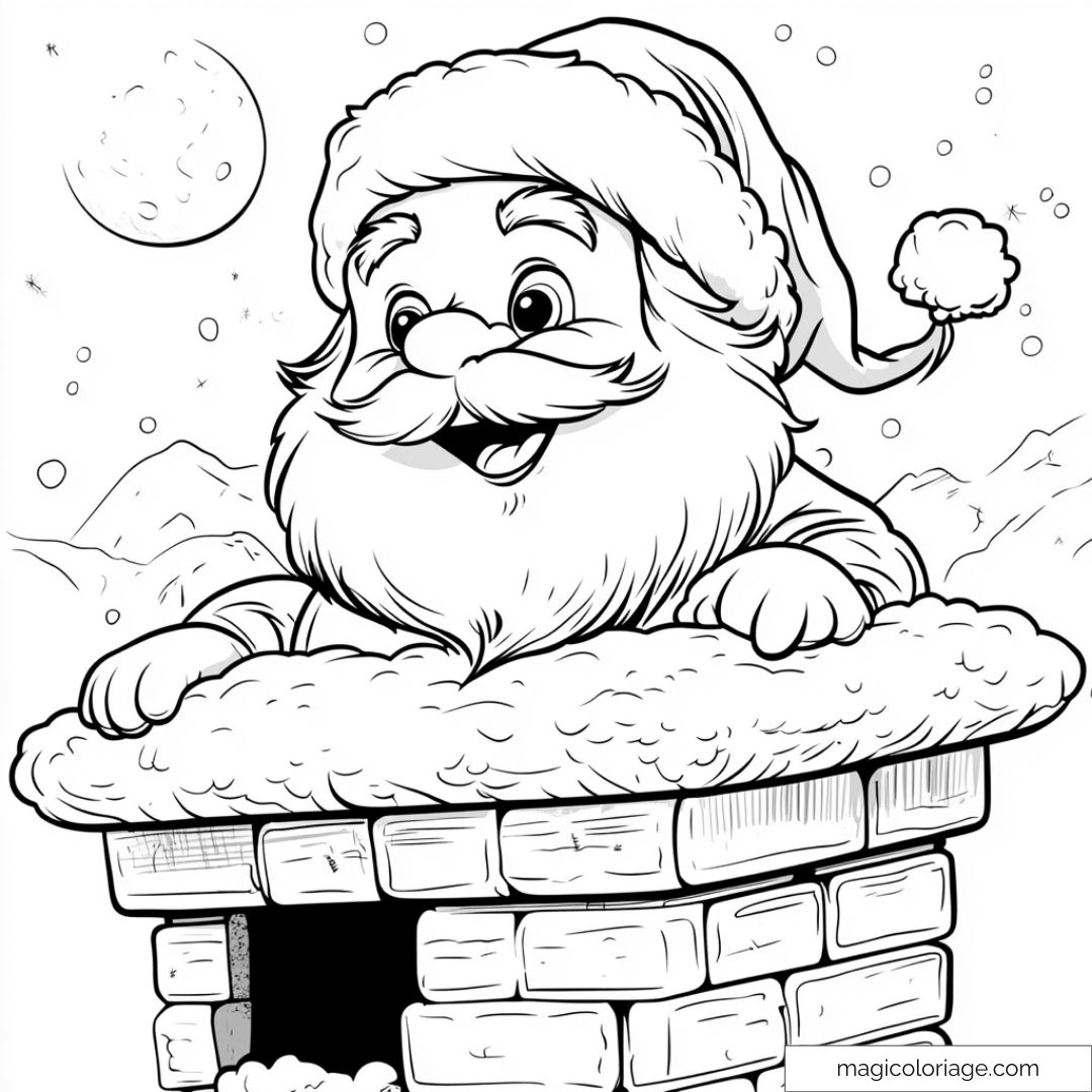 Père Noël regardant depuis une cheminée sous la neige et la lune