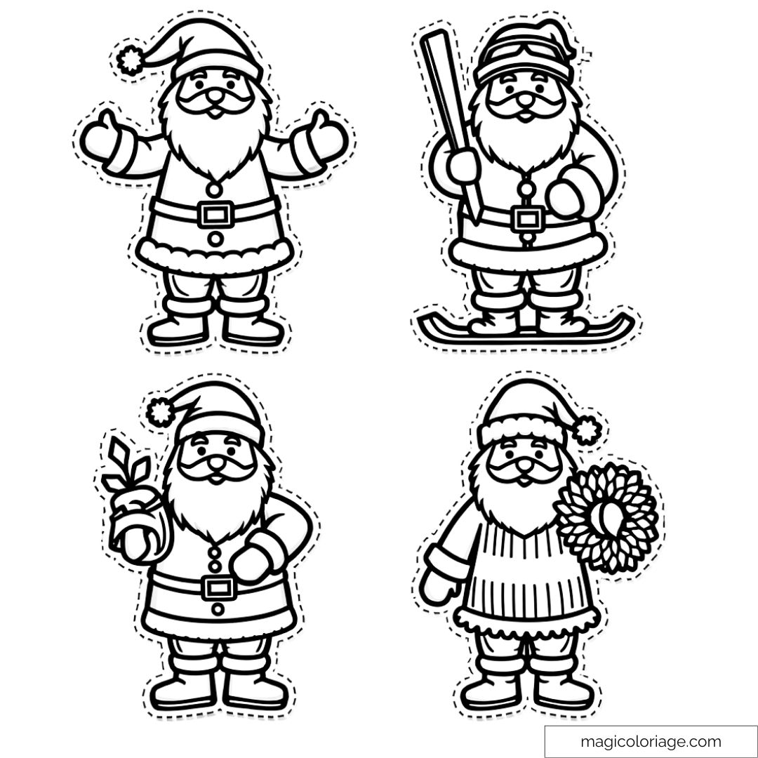 Quatre dessins à colorier de Père Noël avec des scènes variées : ski, cadeau, couronne, et salut festif.