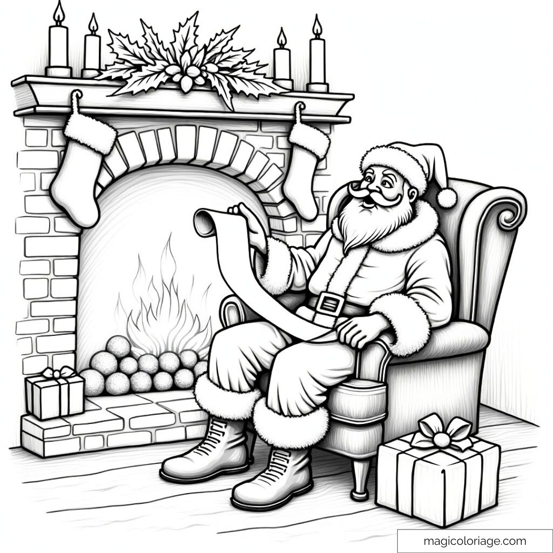Dessin du Père Noël lisant sa liste de cadeaux près d'une cheminée décorée avec des bougies et des chaussettes.
