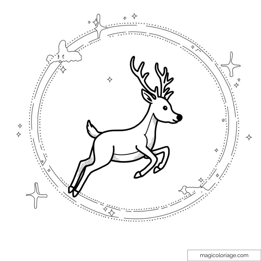 Dessin d'un cerf de Noël sautant dans un cercle magique