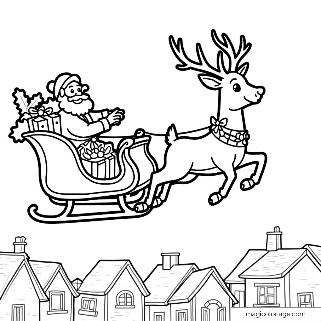 Père Noël dans un traîneau volant avec son renne au-dessus des maisons de Noël.