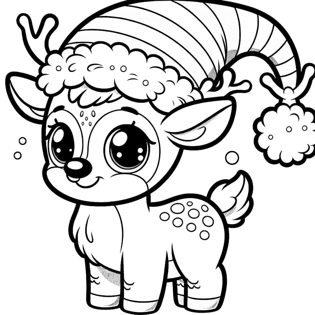 Dessin à colorier de renne avec bonnet de Noël facile