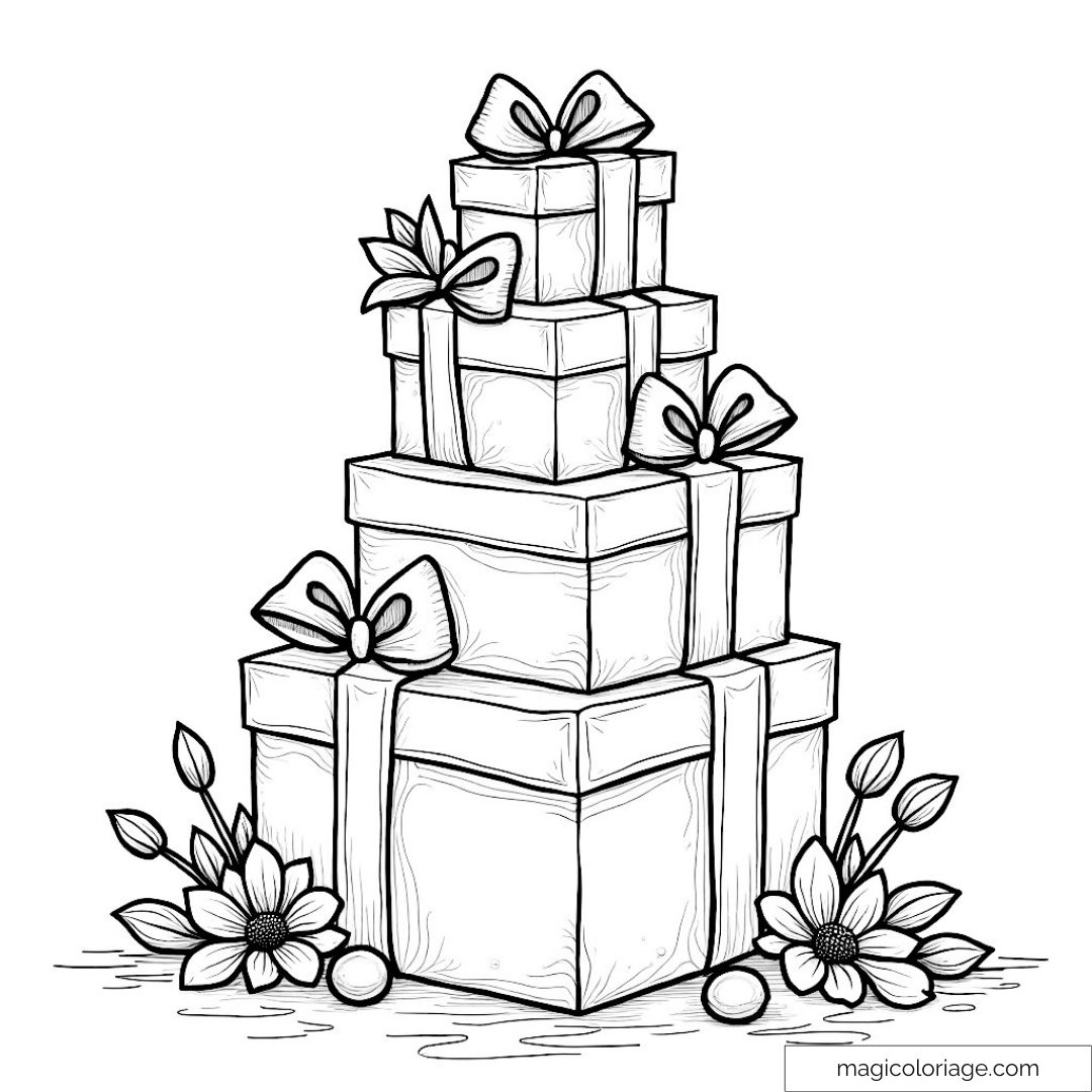 Empilement de cadeaux ornés de rubans et décorations florales à colorier