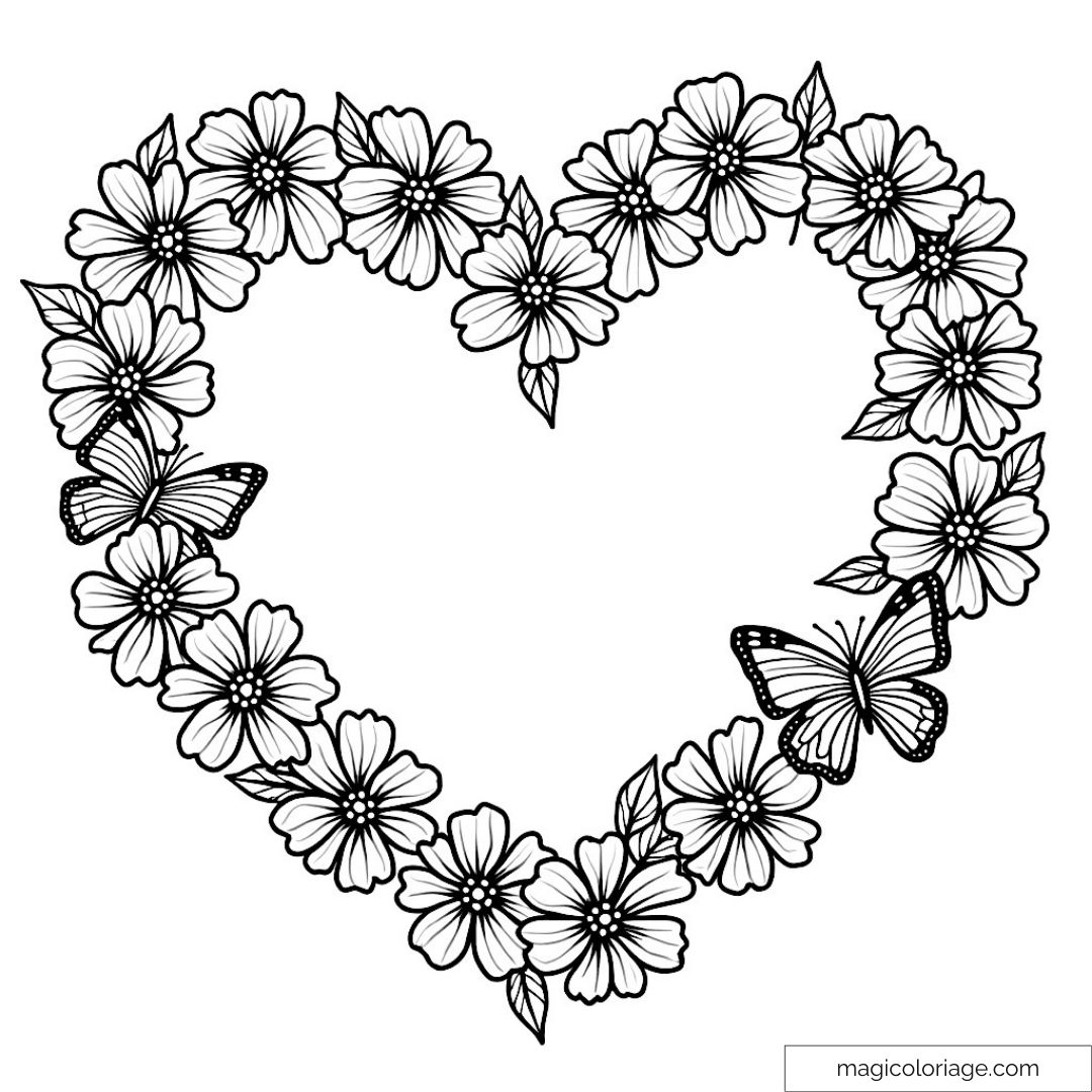 Coloriage cœur floral avec papillons