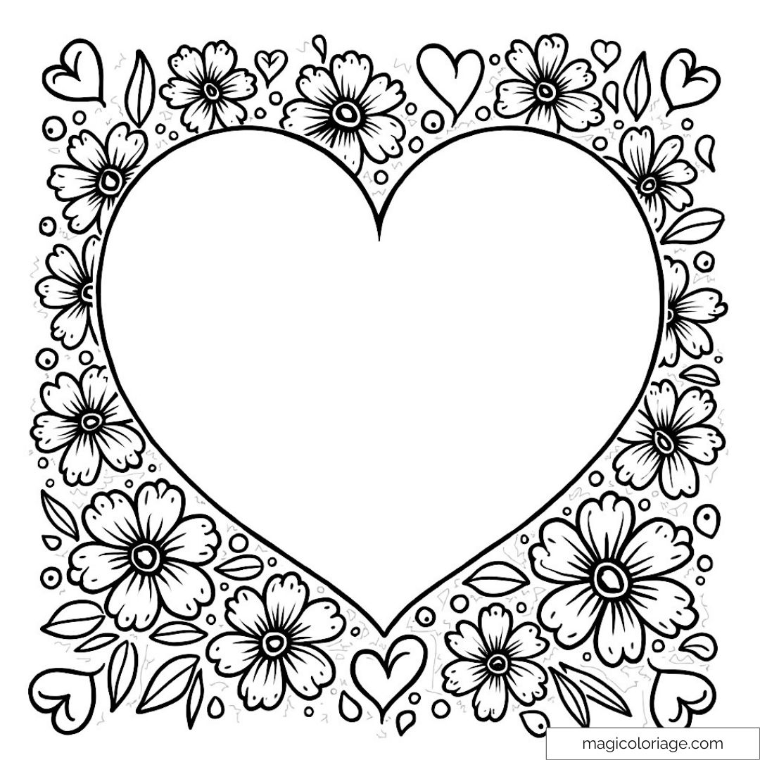 Cœur entouré de fleurs et de cœurs à colorier pour détente créative.