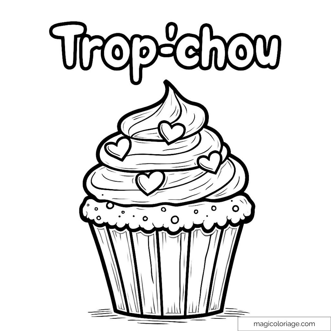 Coloriage cupcake avec glaçage et cœurs à imprimer gratuit.