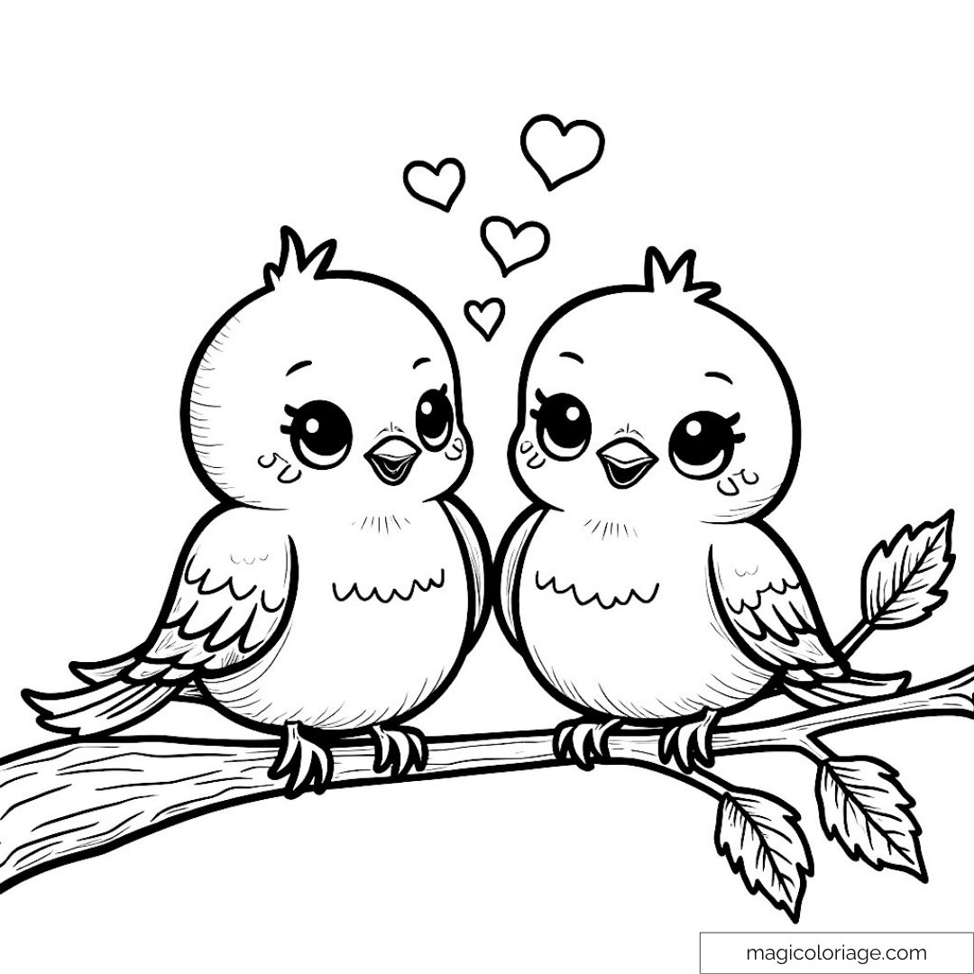 Dessin de deux oiseaux amoureux avec des cœurs sur une branche